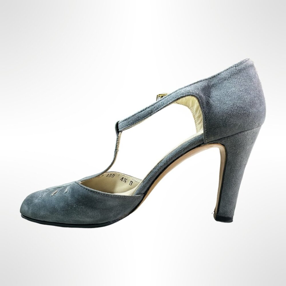 Ferragamo Blue-Gray Suede T-Strap Pumps, Size 4 1/2, never worn